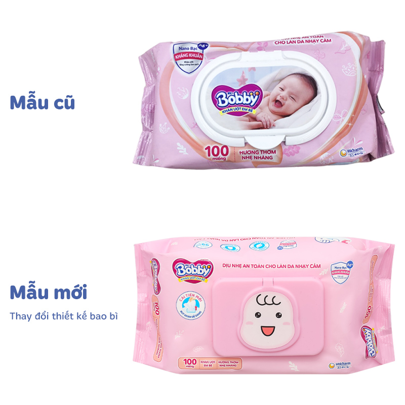 Combo 2 khăn ướt Bobby dịu nhẹ cho da nhạy cảm hương thơm nhẹ nhàng gói 100 miếng 14