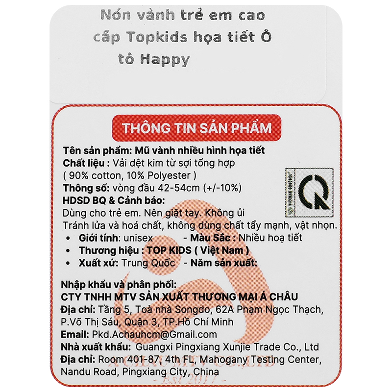 Nón vành cho bé TOP KIDS thêu ô tô Happy màu hồng - be 18