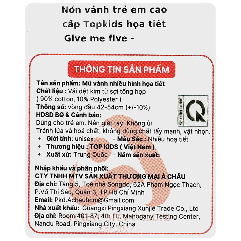 Nón vành cho bé TOP KIDS thêu thú GIVE ME FIVE màu be 24