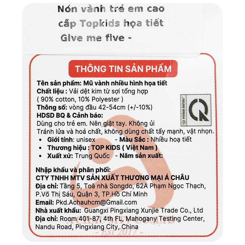 Nón vành cho bé TOP KIDS thêu thú GIVE ME FIVE màu be 16