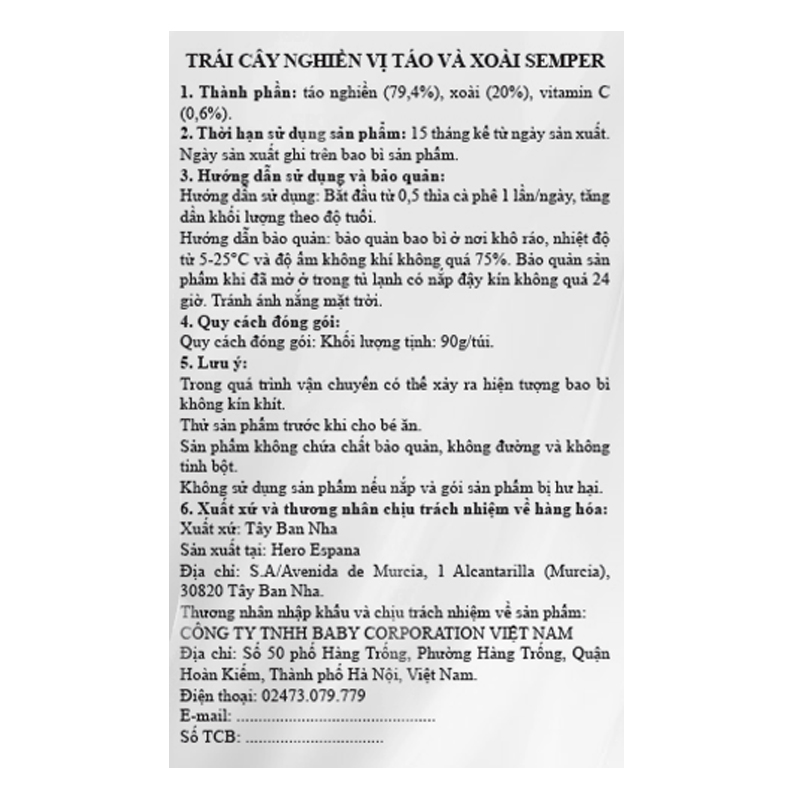 Trái cây nghiền Semper táo, xoài túi 90g (từ 6 tháng) 3