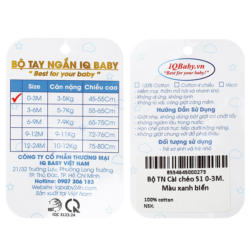 Bộ tay ngắn cài chéo in hình thú IQ Baby màu xanh 12