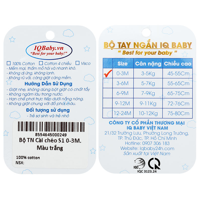 Bộ tay ngắn cài chéo in hình voi IQ Baby màu trắng 12