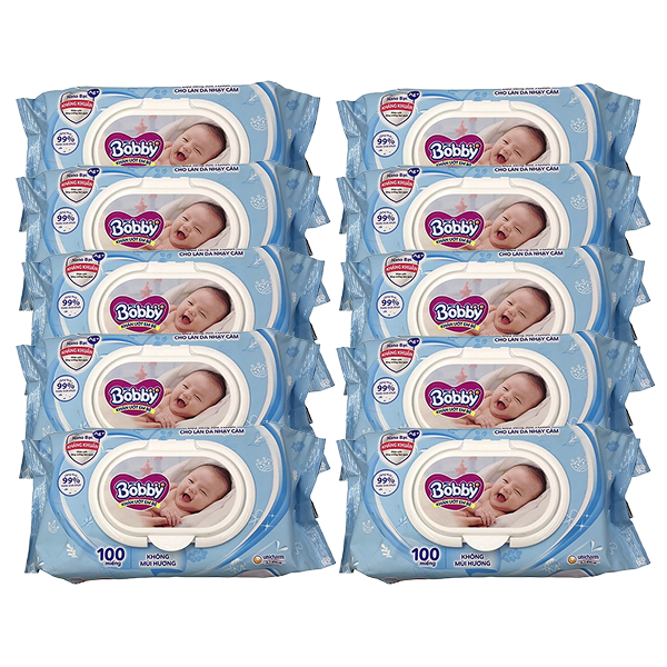 Combo 10 khăn ướt Bobby dịu nhẹ cho da nhạy cảm không mùi gói 100 miếng