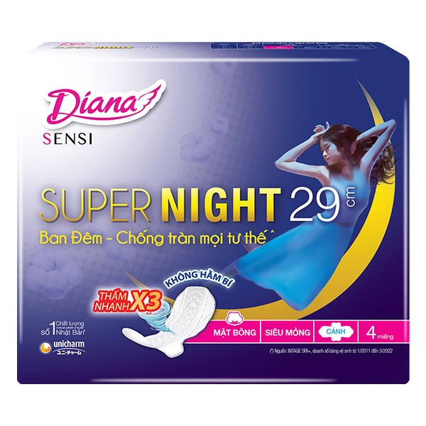 Combo 2 băng vệ sinh ban đêm Diana Sensi Super Night chống tràn có cánh 4 miếng/bịch 2