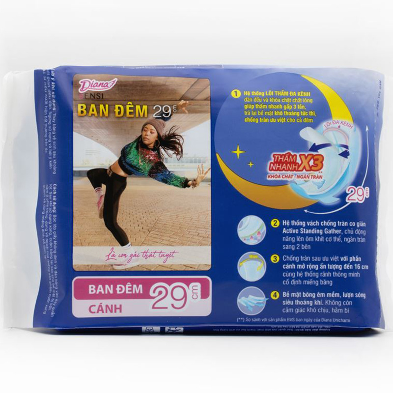 Combo 2 băng vệ sinh ban đêm Diana Sensi Super Night chống tràn có cánh 4 miếng/bịch 3