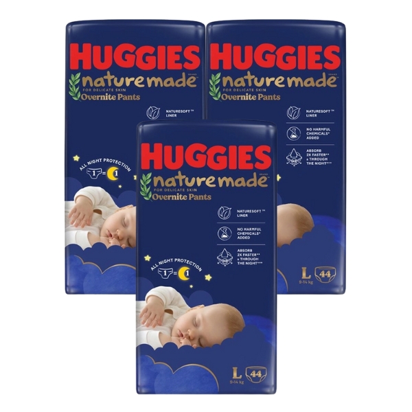Combo 3 tã quần Huggies Nature made Overnite size L 44 miếng/bịch (9 - 14 kg)