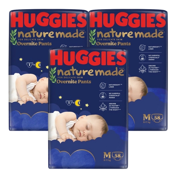 Combo 3 tã quần Huggies Nature made Overnite size M 58 miếng/bịch (6 - 11kg)