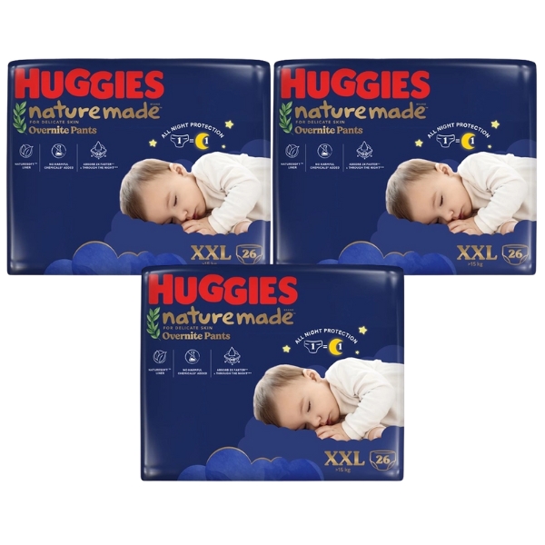 Combo 3 tã quần Huggies Nature made Overnite size XXL 26 miếng/bịch (Trên 15 kg)