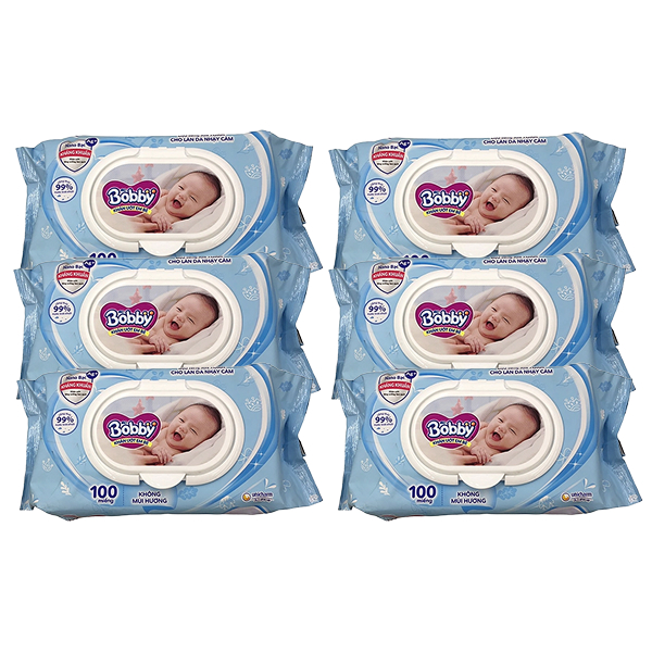 Combo 6 khăn ướt Bobby dịu nhẹ cho da nhạy cảm không mùi gói 100 miếng