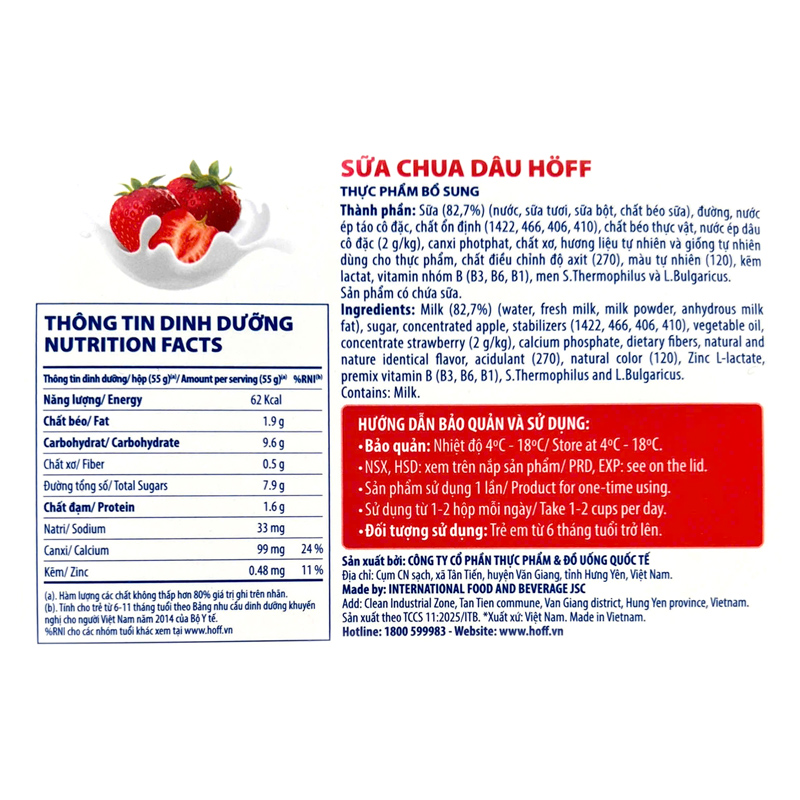 Lốc 4 hộp sữa chua trái cây Hoff vị dâu 55g (từ 6 tháng) - Giao bao bì ngẫu nhiên 4