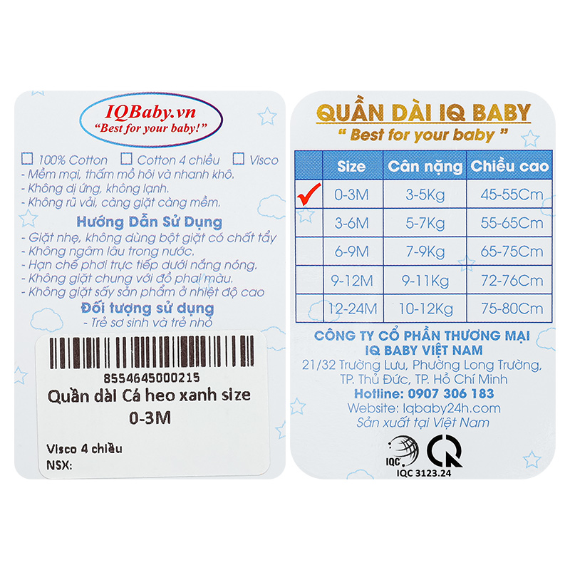 Quần dài in cá heo IQ Baby màu trắng 6