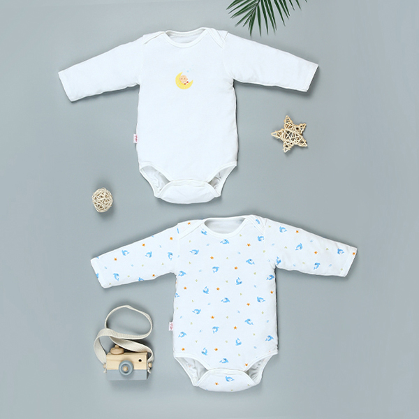 Combo 2 bodysuit tay dài in cá heo xanh và em bé IQ Baby màu trắng cao cấp, an toàn cho da, giá tốt - AVAKids.com