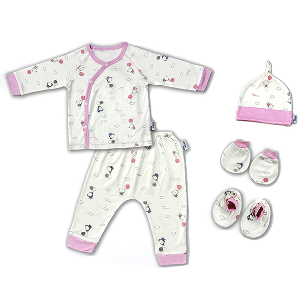 Set bộ tay dài cài chéo in gấu, voi BabyMommy màu trắng - hồng mềm mại, an toàn, giá tốt - AVAKids.com
