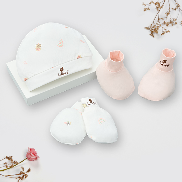Set nón, bao tay bao chân Lullaby rayon trắng - hồng
