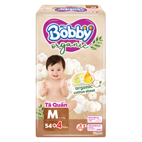 Tã quần Bobby Organic size M 54 + 4 miếng (6 - 11 kg)