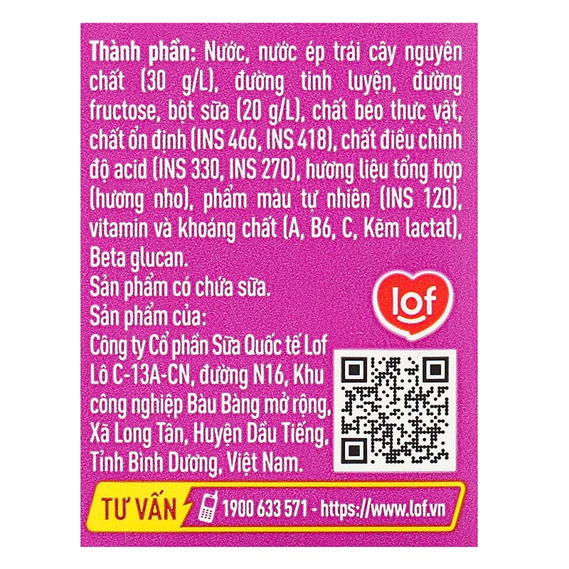Lốc 4 hộp sữa trái cây LiF Kun hương nho 180 ml (từ 2 tuổi) 28