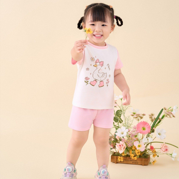 Bộ bé gái La Pomme cotton hồng - trắng