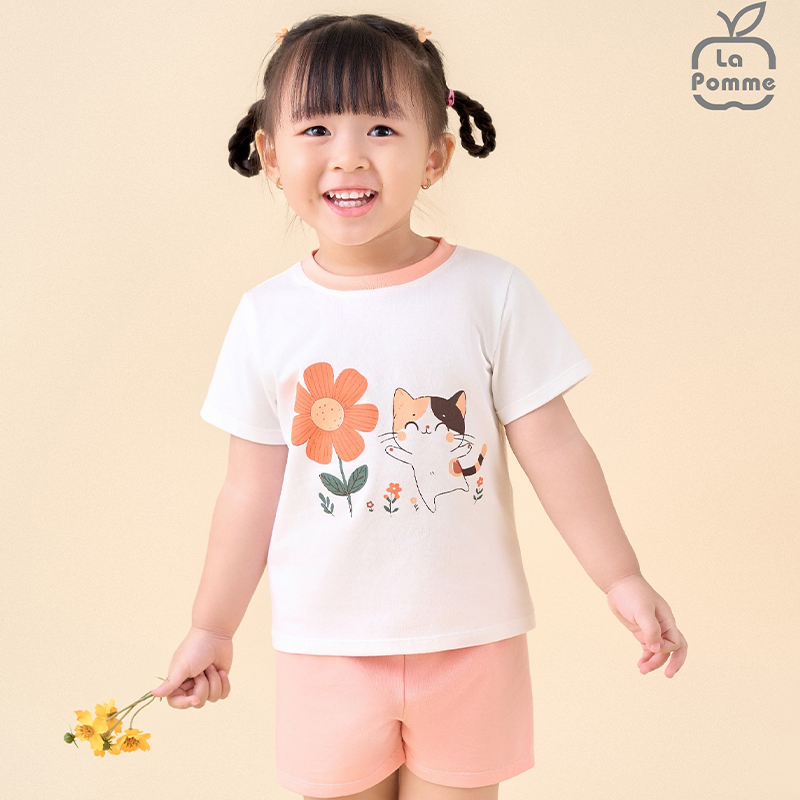 Bộ tay ngắn bé gái La Pomme in hoa màu trắng 2