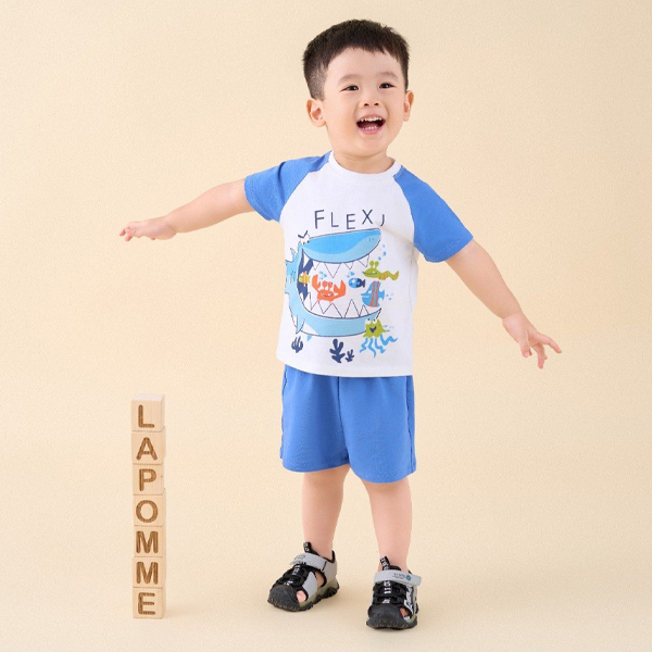 Bộ bé trai La Pomme cotton xanh dương - trắng