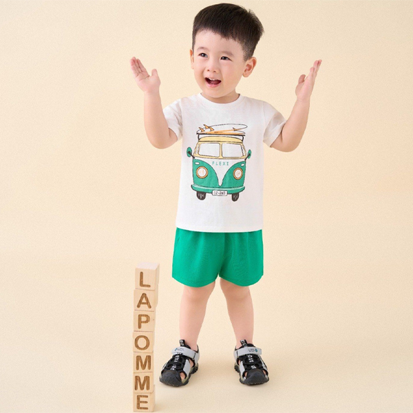 Bộ bé trai La Pomme cotton trắng - xanh lá