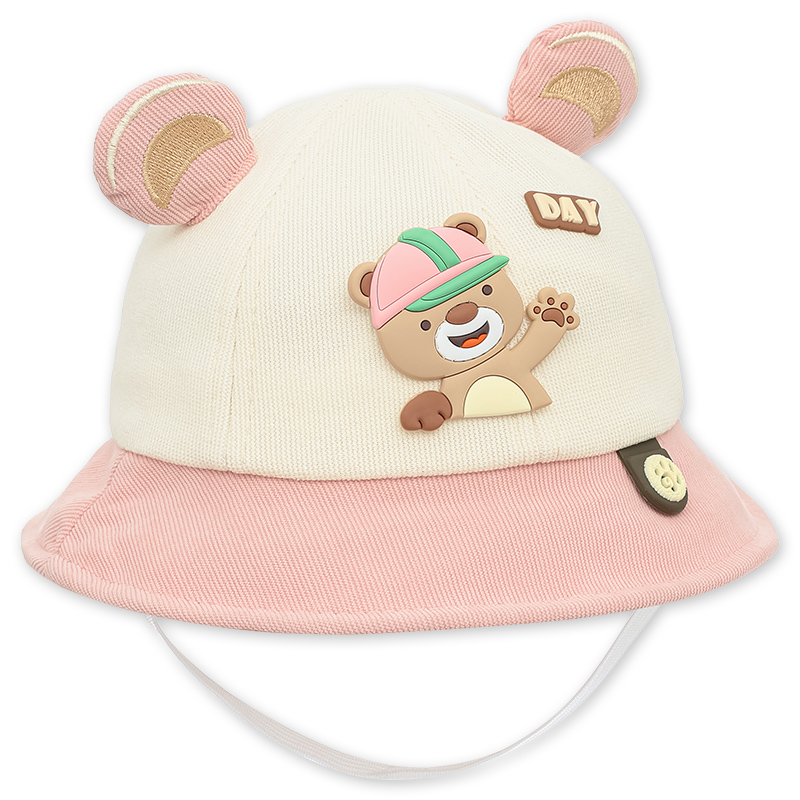Nón vành cho bé TOP KIDS thêu gấu màu hồng - be 3