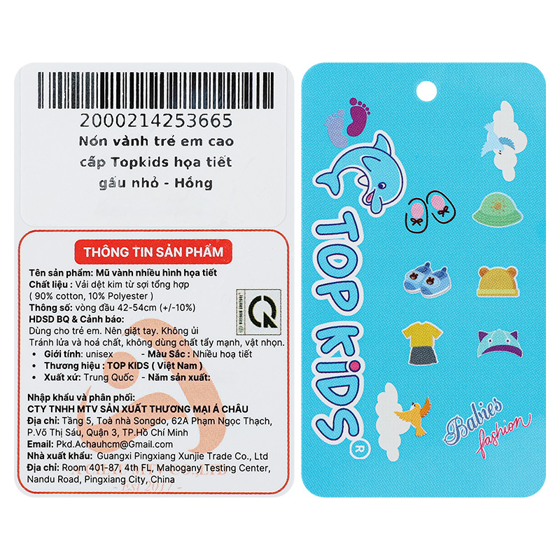 Nón vành cho bé TOP KIDS thêu gấu màu hồng - be 8