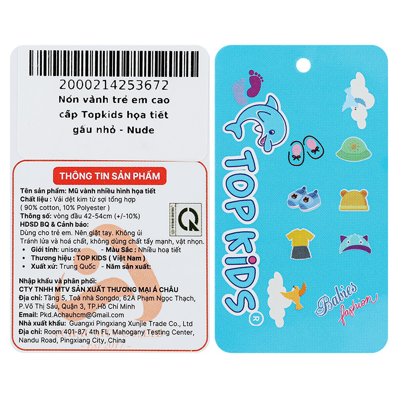 Nón vành cho bé TOP KIDS thêu gấu màu hồng - be 16