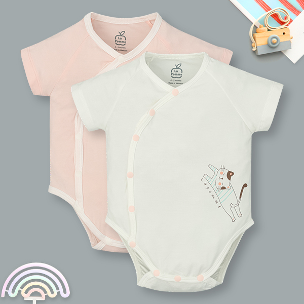 Set 2 bodysuit unisex La Pomme sợi tre trắng - hồng
