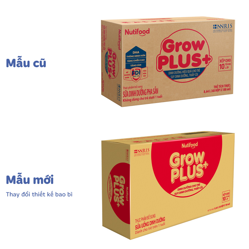 Thùng 48 hộp sữa pha sẵn Nutifood GrowPLUS+ đỏ hương vani 180 ml cho trẻ suy dinh dưỡng, thấp còi (từ 1 tuổi) - Giao bao bì ngẫu nhiên 2
