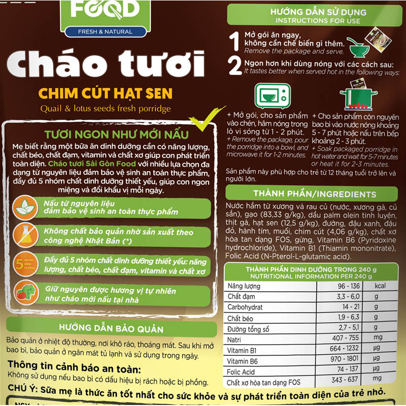Combo 3 gói cháo tươi SG Food Baby vị chim cút hạt sen gói 240g (từ 1 tuổi) 4