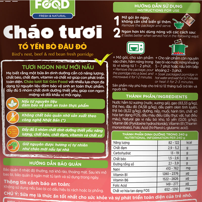 Combo 3 gói cháo tươi SG Food Baby vị tổ yến bò đậu đỏ gói 240g (từ 1 tuổi) 4