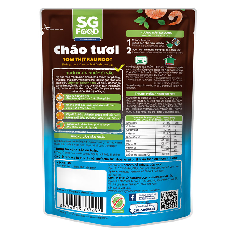 Combo 3 gói cháo tươi SG Food Baby vị tôm thịt rau ngót gói 240g (từ 1 tuổi) 2