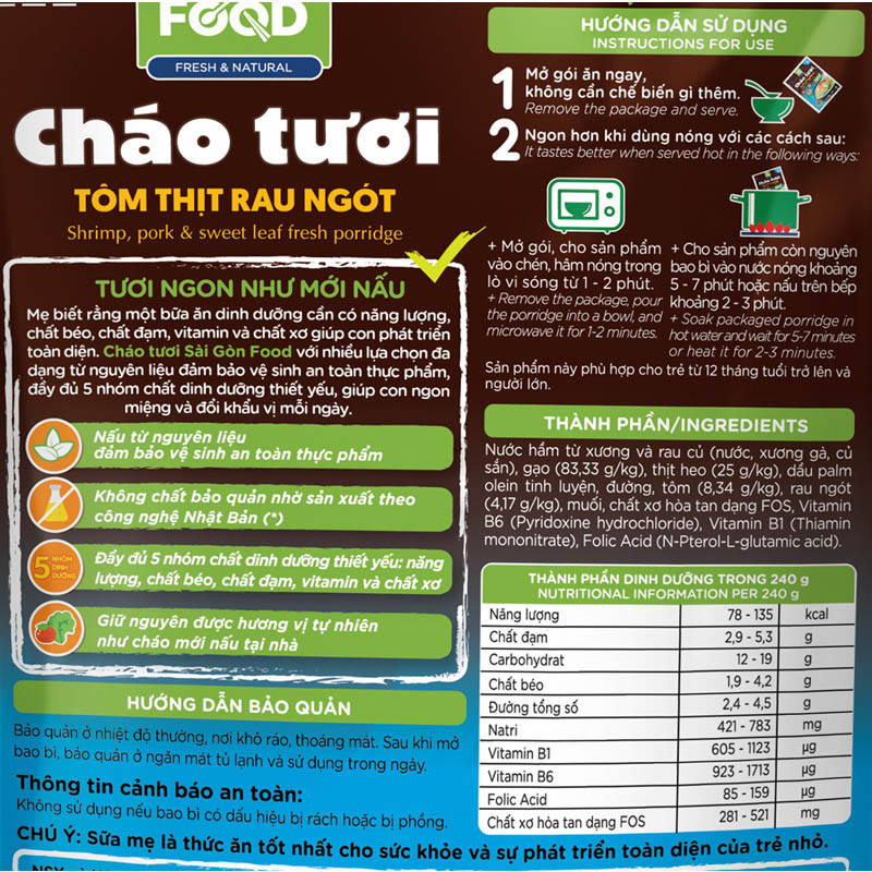 Combo 3 gói cháo tươi SG Food Baby vị tôm thịt rau ngót gói 240g (từ 1 tuổi) 4