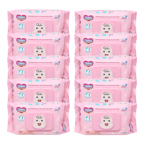 Combo 10 khăn ướt Bobby dịu nhẹ cho da nhạy cảm hương thơm nhẹ nhàng gói 100 miếng