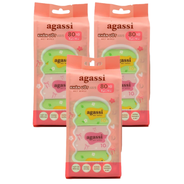 Combo 3 khăn ướt mini Agassi không mùi - Màu ngẫu nhiên
