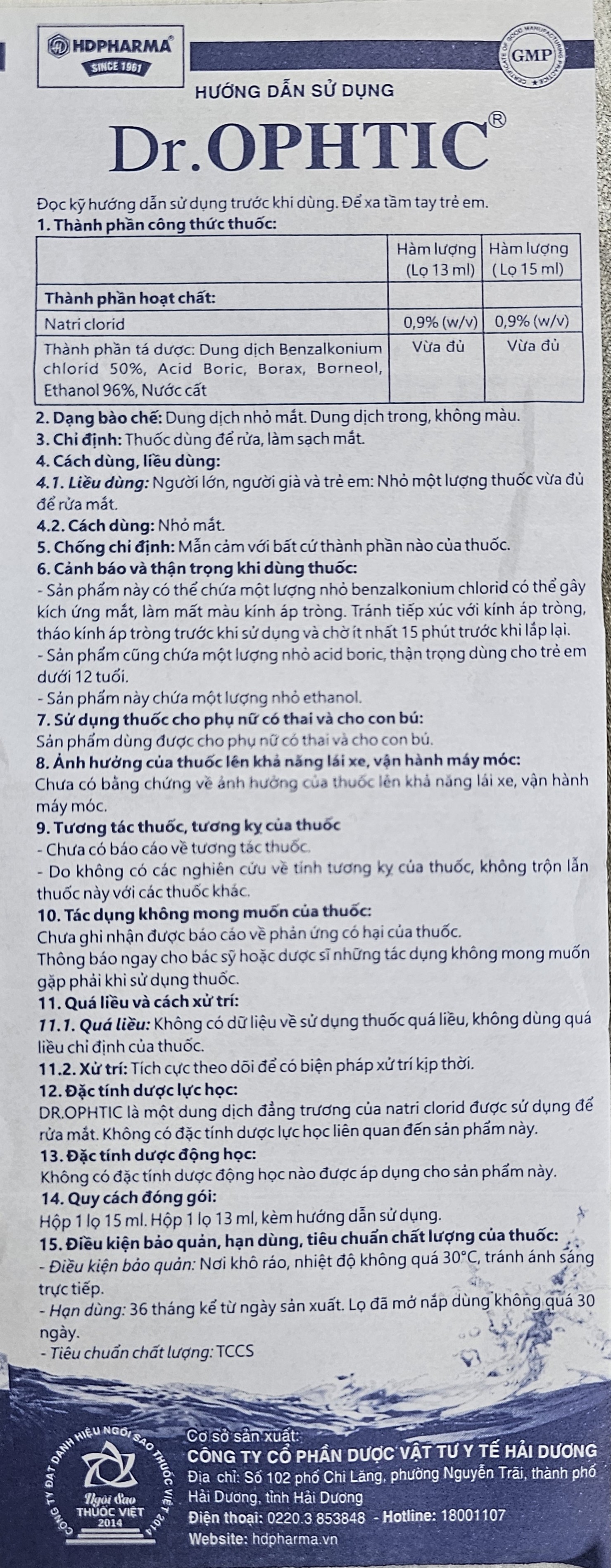 Dung dịch nhỏ mắt DR.OPHTIC rửa, làm sạch mắt chai 15ml