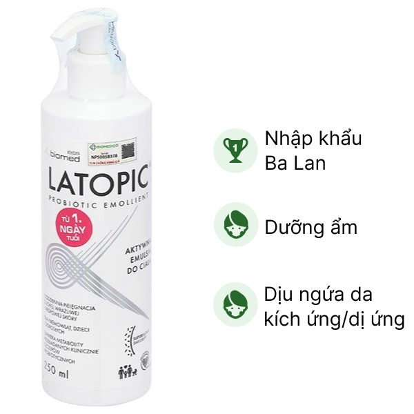 Sữa dưỡng Latopic Probiotic Emollient Active Body Emulsion dưỡng ẩm toàn thân, dịu da kích ứng chai 250ml
