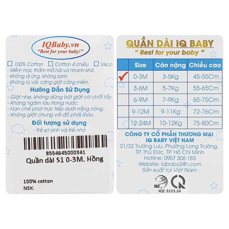Quần dài IQ Baby cotton màu hồng 6