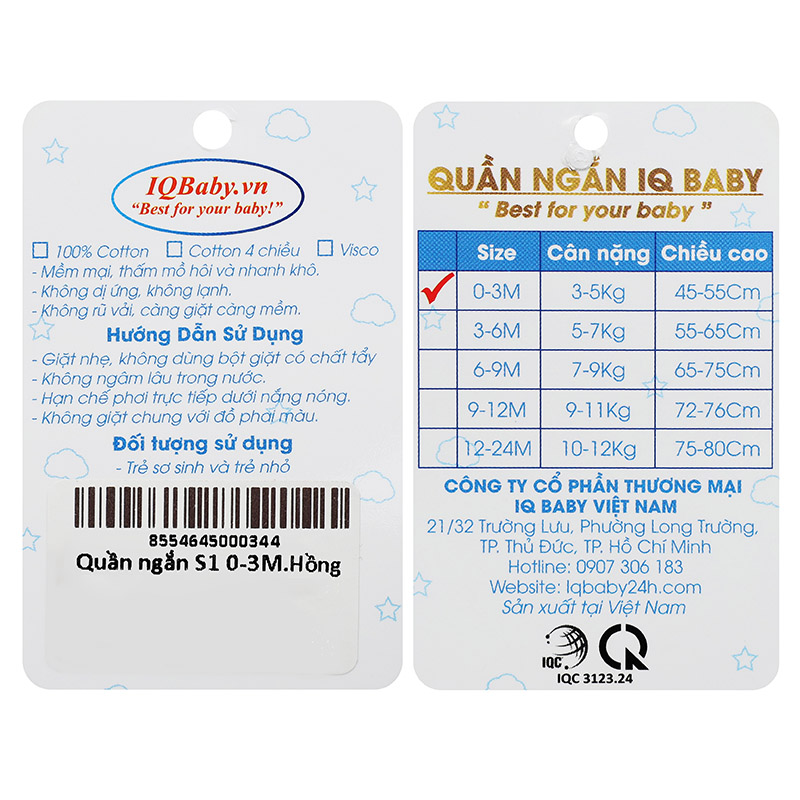 Quần ngắn IQ cotton Baby màu hồng 5