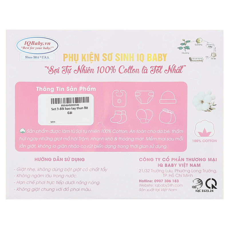 Set 3 đôi bao tay thun bé gái IQ Baby cotton 11