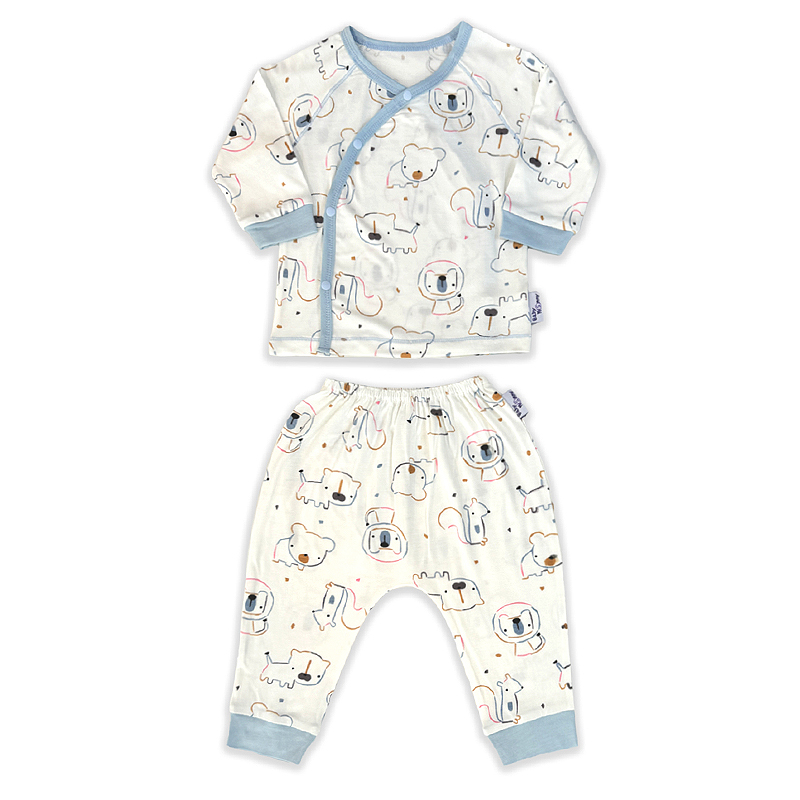 Set bộ tay dài sơ sinh cài chéo in hình thú BabyMommy màu trắng viền xanh 2