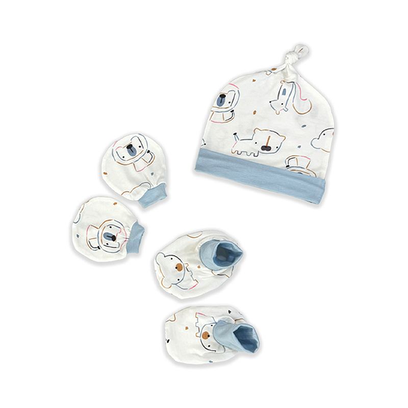 Set bộ tay dài sơ sinh cài chéo in hình thú BabyMommy màu trắng viền xanh 3
