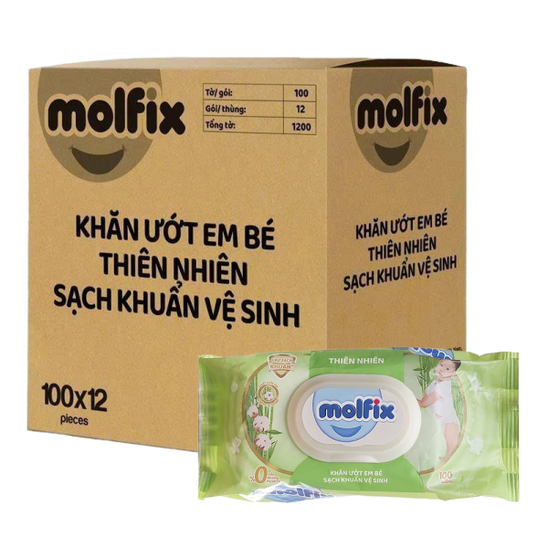 Thùng 12 khăn ướt Molfix sạch khuẩn vệ sinh không mùi gói 100 miếng
