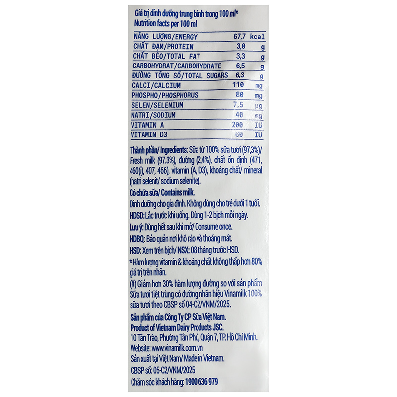 Thùng 48 bịch sữa tươi tiệt trùng Vinamilk ít đường 220 ml (từ 1 tuổi) 8
