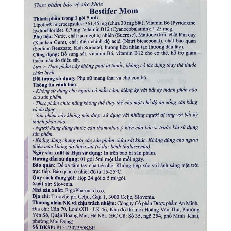 Thực phẩm bảo vệ sức khỏe Bestifer MOM bổ sung sắt, hỗ trợ tạo hồng cầu hương dâu, 24 gói dạng uống 5