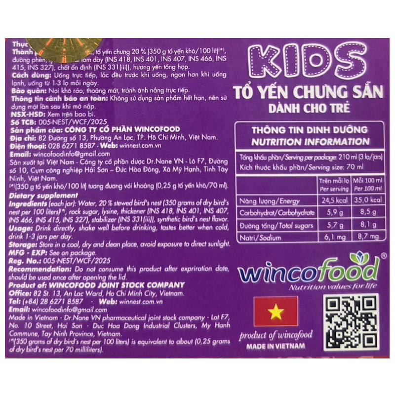 Combo 2 hũ nước yến sào Win'sNest Kids 70 ml (từ 1 tuổi) 30