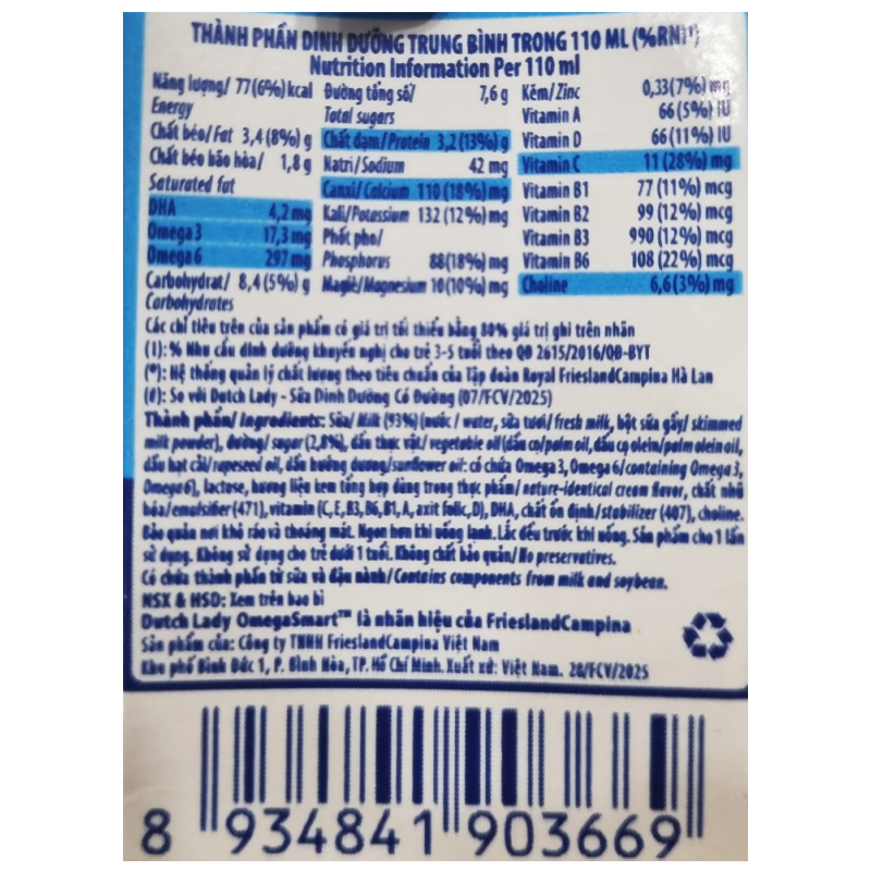 Lốc 4 hộp sữa tươi Dutch Lady OmegaSmart ít đường 110 ml (từ 1 tuổi) 12