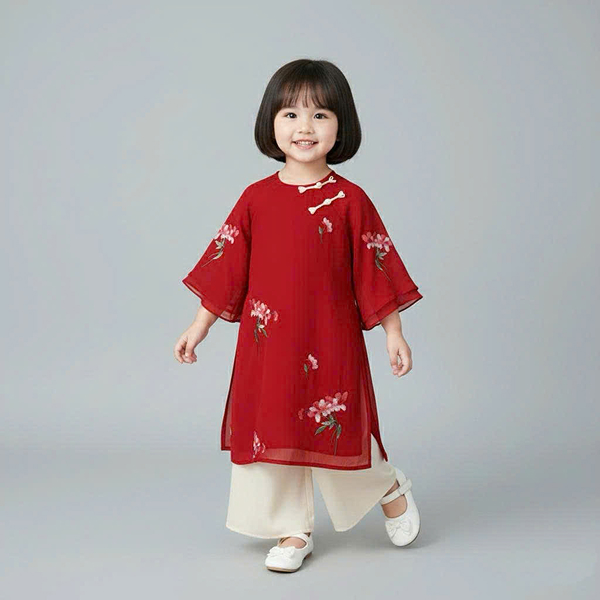 Áo dài bé gái Lullaby NH658C màu đỏ - trắng