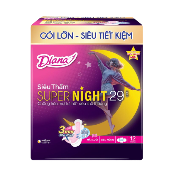 Băng vệ sinh ban đêm Diana Super Night siêu thấm chống tràn có cánh 12 miếng